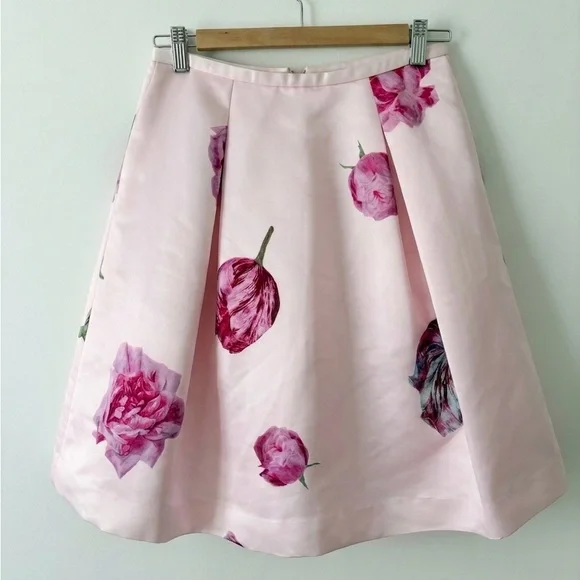 Ted Baker Light Pink Satin Floral Pleated A-Line Skirt Size US 4 Summer Feminine - Picture 2 of 8